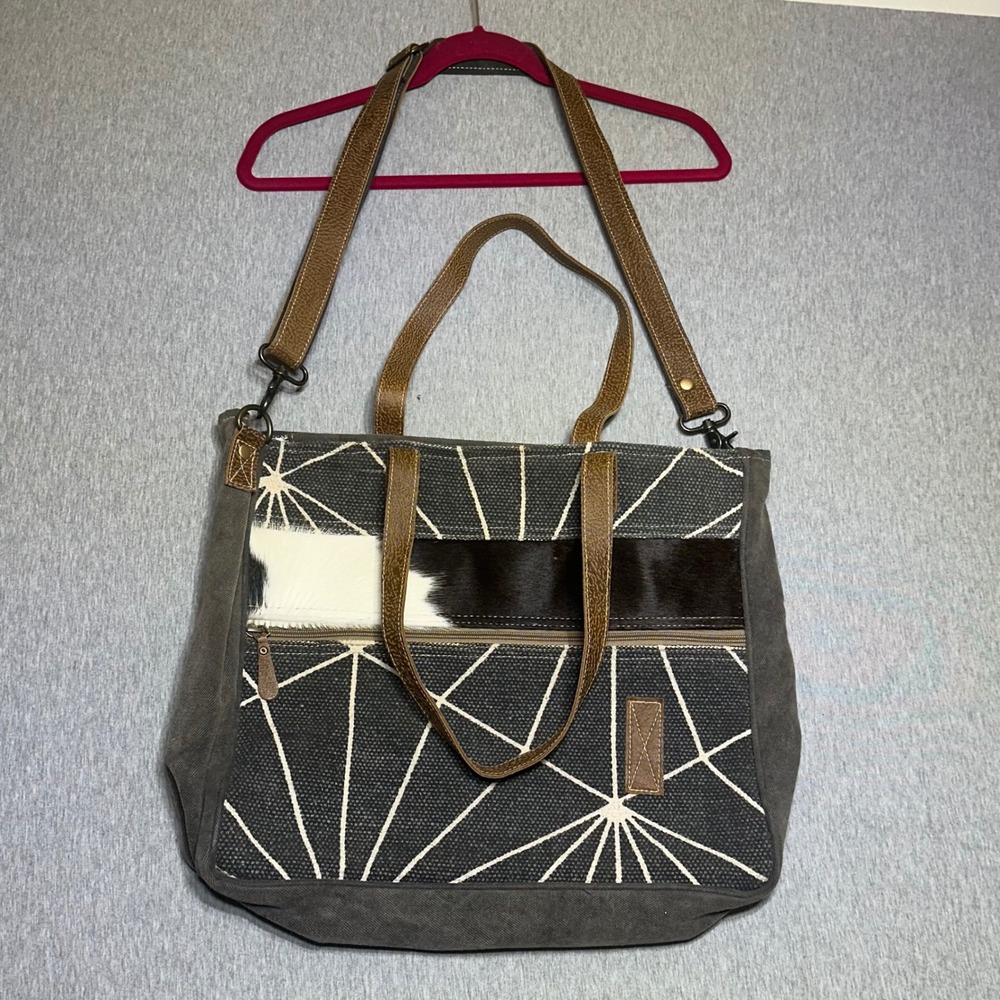 Myra Bag Upcycled Canvas Cowhide Geometric Tote/Computer Bag Gray Brown Large